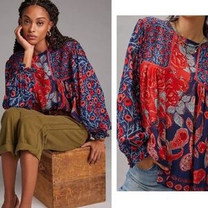 Anthropologie BlAnk London
Medium Blouse Sheer Red Blue
Relaxed Boho Peasant